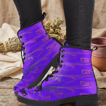 Purple Abstract Art Combat Boots: Vegan Leather Bohemian Cowgirl Boots