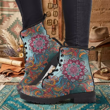 Floral Abstract Art Combat Boots: Vegan Leather Bohemian Cowgirl Boots