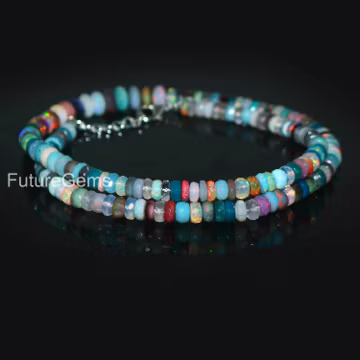 Faceted Ethiopian Opal Beads, Rainbow Gemstone Rondelle, 17 Inch Necklace