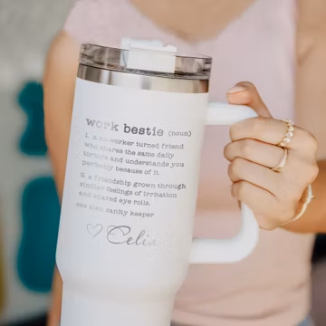 Engraved Work Bestie 40oz Tumbler, Custom Funny Christmas Tumbler with Handle and Straw, Leaving Coworker Travel Mug Gifts