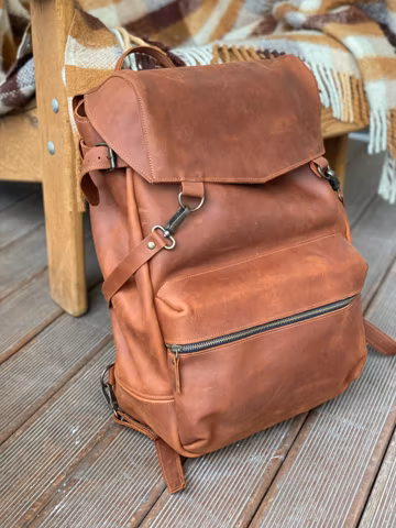 Extra Large Cognac Leather Backpack: Handmade Travel Rucksack