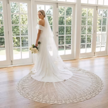 Gold Embroidered Lace Cathedral Veil, Two Tier Soft Tulle Bridal Headpiece with Clear Sequins, Long Train for Grand Church Wedding NV01