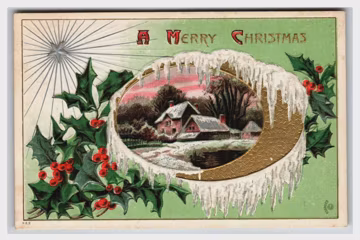 Embossed A Merry Christmas Postcard Winter Village Holly Crescent Moon c. 1910s