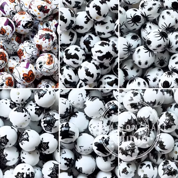 Halloween 15mm Printed Silicone Beads Bat Spider Skull Round Beads Bulk DIY Charm