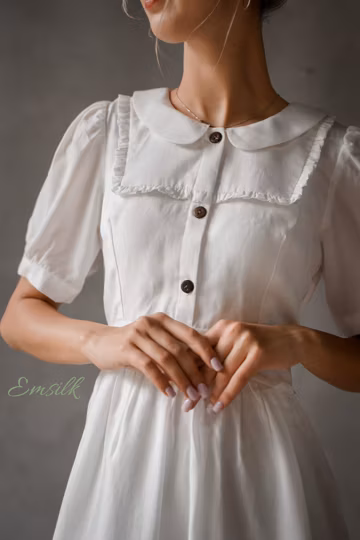 Ready to ship size S linen dress with collar/linen summer dress/ Washed and soft linen dress/puffed sleeves linen dress/Linen Tea dress