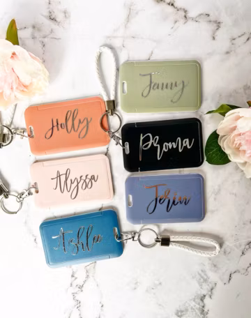 PERSONALISED card holder with strap, card wallet, key chain, luggage tag, key ring, wristlet, name tag, office card holder, office ID badge