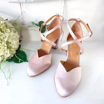 Pink Satin Bridal Block Heel Pumps, Cross-Strap Wedding Style, Comfortable Ceremony Footwear