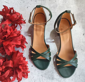 Green Leather Heeled Sandals, Elegant Strappy Mid Heel Shoes, Minimalist Women's Event Footwear, Comfortable Formal Designer Style