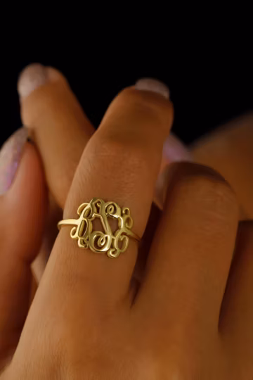 10K Solid Gold Personalized Monogram Ring: Vine Letter Jewelry