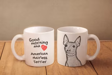 Good morning and love American Hairless Terrier, a ceramic mug for dog lovers. White cup with a print. High quality. Durable print