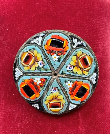 Intricate Vintage Stamped “Made in Italy” Italian Micro mosaic Glass Tesserae Floral Brooch, Traditional C clasp