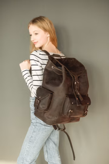 Handmade Chocolate Leather Backpack: Large Cowhide Rucksack