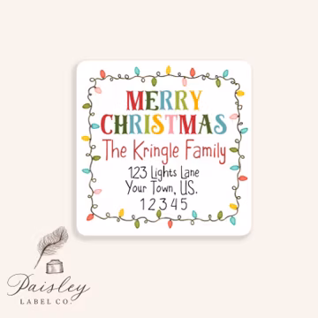 Colorful Bright Fun Merry Christmas Holidays Lights Wreath Whimsical Fun Square Return Address Labels Stickers Multiple Sizes
