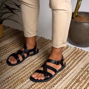 Handmade Black Leather Strappy Sandals - Greek Style - Men's