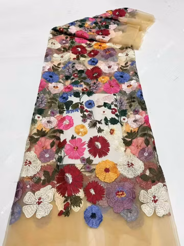 exquiste 3d flower embroidered lace fabric colorful floral tulle mesh fabric for baby tutu dress banquet dress bridal wedding dress 51"wide