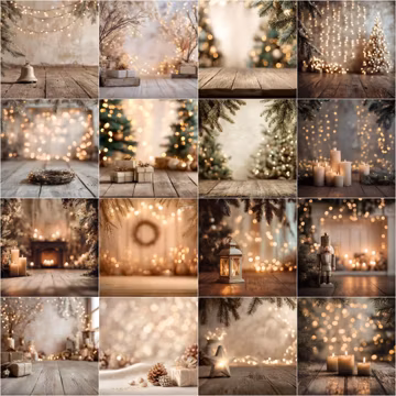 Beige Christmas Digital Backdrop overlays, Fineart Holiday Photography Backgrounds | Rustic Wall, Pine Branch, Christmas Bokeh, Wooden Floor