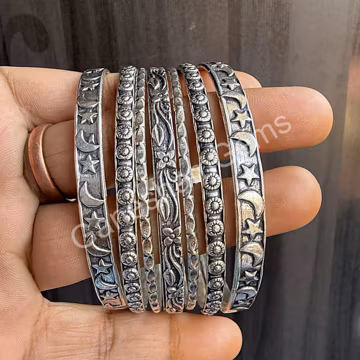 Textured Sterling Silver Bangle Set, Moon & Star, Floral Design, 7pcs