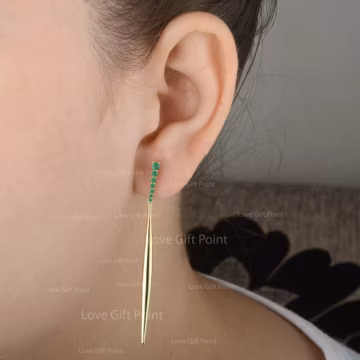 Long Spike Bar Drop Earrings, Natural Zambia Emerald Solid 14K Yellow Gold Fine Jewelry