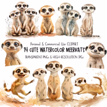 Watercolor Cute Meerkat Clipart Safari Clipart|Nursery Clipart, Crafts and Scrapbooking|14 PNG and JPG Files|Digital Download|Commercial Use