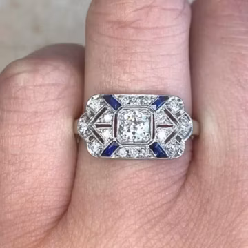 Art Deco Engagement Ring, Mid-Century Retro Ring, Openwork Filigree Ring, Blue Baguette & Old European Cut CZ Stone Ring, Wedding Ring