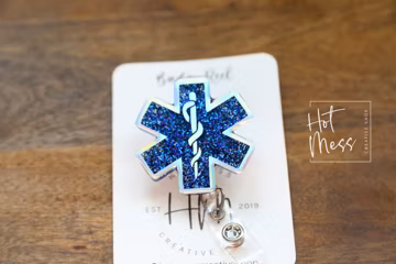 Glitter Star of Life Badge Reel, EMS ID Holder