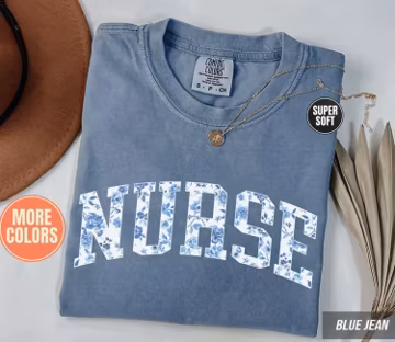 Blue Toile Nurse Comfort Colors® Shirt, Retro Floral Graphic Tee, Nursing Gift for Nurses