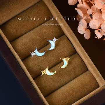 Opal Moon and Star Stud Earrings, Celestial Jewelry