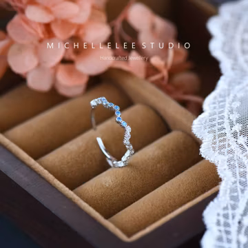 White and Blue Crystals Wave Ring in Sterling Silver, Tiny Crystals Stacking Ring, Adjustable Ring