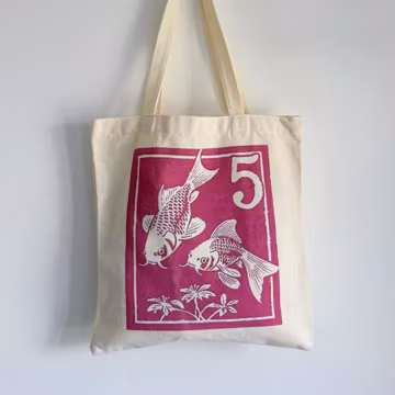 Vintage Goldfish Tote Bag, Koi Fish Canvas Book Bag with Zipper Pocket, Lucky Carp Print