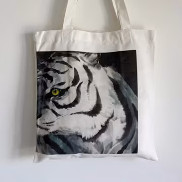 White Tiger Print Tote Bag: Cotton Canvas Reusable Shopping Bag