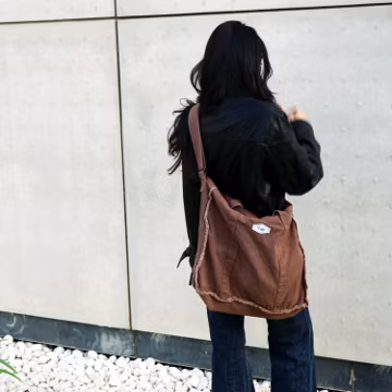 Slouchy Shoulder Bag, Raw-Edge Hobo Bag, Dark Brown Travel Handbag with Zipper, Large Vintage Canvas Crossbody Tote with Adjustable Strap