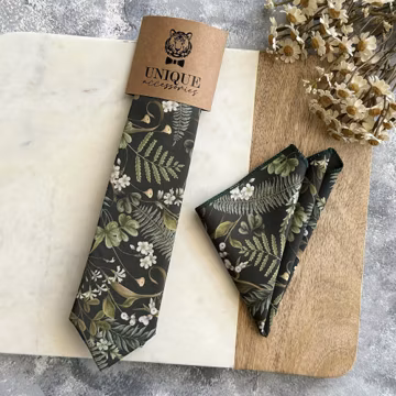 Tropical Floral Necktie & Pocket Square Set: Forest Green Wedding Groomsmen Tie