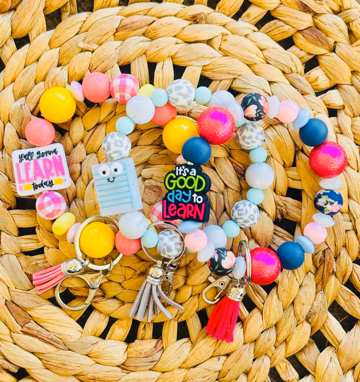 Colorful Teacher Beaded Wristlet Keychain, Silicone Beads, Teacher Charm Accessory