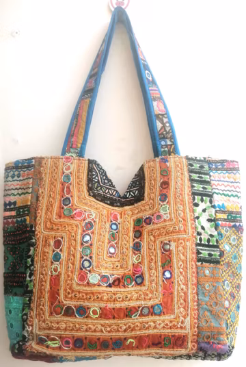 Vintage Banjara Tote Bag, Embroidered Mirror Work Shoulder Bag, Tribal Patchwork Purse