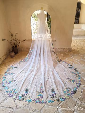 Purple Flower Green Leaves Veil Bridal, Colorful Plant Cathedral Veil, Handmade Bridal Hair Piece