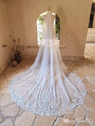 Sequins Peony Floral Bridal Veil, Veil Wedding Cathedral Length, Handmade Bridal Head Piece