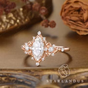 Floral Marquise Moissanite Engagement Ring Rose Gold Wedding Ring Natural Inspired Ring Vintage Antique Wedding Ring