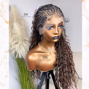 PRE ORDER Full Lace Design Fulani Boho Braided Wig for black women - Synthetic blend lightweight braided wig. color 1B/30