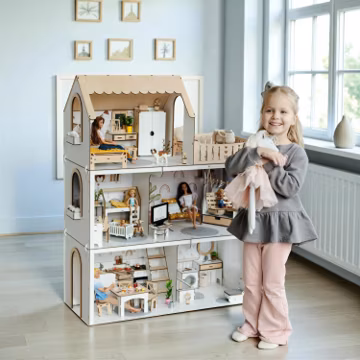Scandinavian Wooden Dollhouse for Kids - Large 5-Room Playhouse