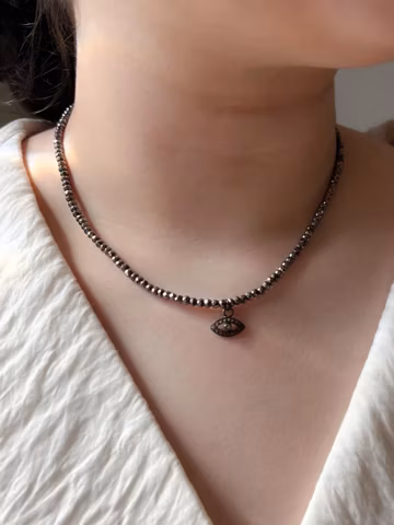 Pyrite Rondelle Necklace: Oxidized Sterling Silver, Pave Diamond Evil Eye Pendant