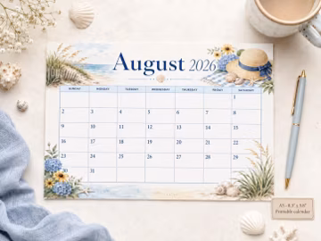 August 2026 Printable A5 Calendar. Summer Beach Landscape, Watercolor Monthly Planner Insert