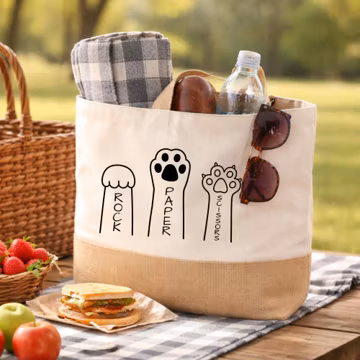 Rock Paper Scissors Cat Paw Jute Tote Bag, Cat Lover Canvas Grocery Shopper