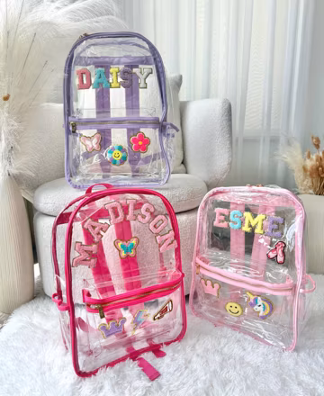 Personalized Clear School Backpack with Chenille Patches - Clear School Backpack with Patches - School Approved Clear Backpack