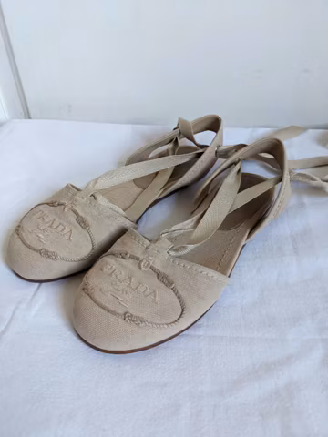 PRADA Sandals Canapa Canvas Espadrilles Wedge Sole Leather Beige Authentic