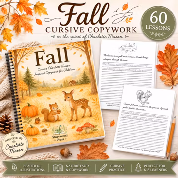 Cursive Fall Copywork Workbook: Charlotte Mason Inspired Handwriting Practice PDF 68 pages