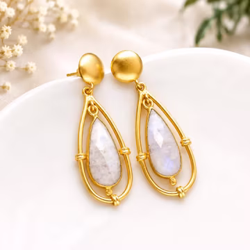Rainbow Moonstone Teardrop Earrings Handmade Gold Geometric Dangle Artisan Boho Elegant Women Jewelry Gift
