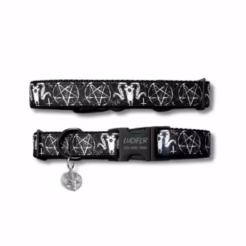 Gothic Goat Skull Dog Collar: Satanic Pentagram & Baphomet Fabric, Adjustable Nylon Collar, Engraved Buckle