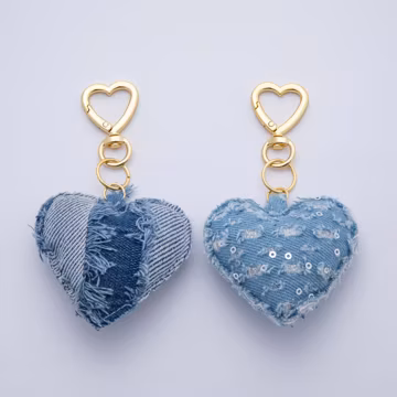 Gold Filled Blue Denim Puffy Heart Keychain | King Ring Accessories WB-00145