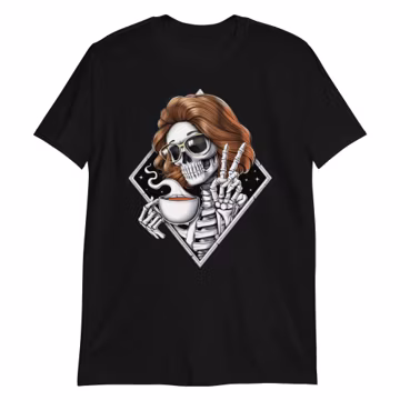 Skeleton Drinking Coffee T-Shirt: Hippie Goth Tee