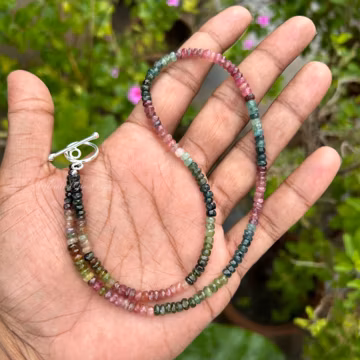 Multi Color Tourmalines Beaded Necklace, Natural Watermelon Tourmaline 4-4.5mm Faceted Rondelle Beads Necklace, Handmade Beads Necklace